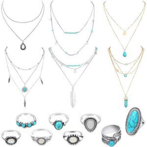 14 Pcs Western Jewelry for Women Boho Turquoise Necklace Rings Jewelry
